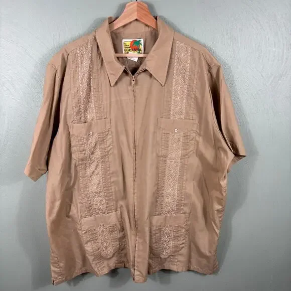 Haband Guayabera Men XL Brown Full Zip Floral Embroider Tropical Caribbean Shirt - Picture 5 of 7